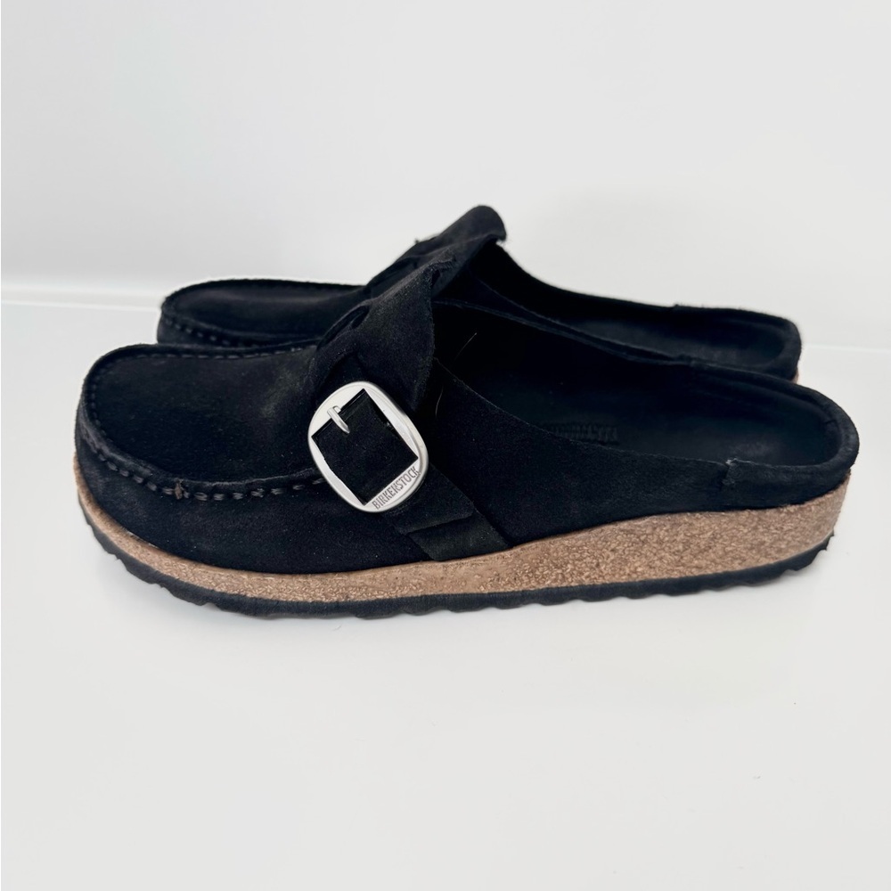 Birkenstock Buckley Black Suede Leather Mules Clogs with Silver Buckle Size 36